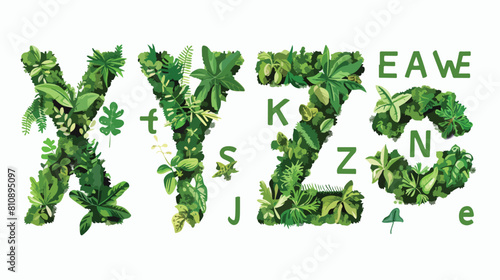 Flat style font made out of pot plants. Green alphabet