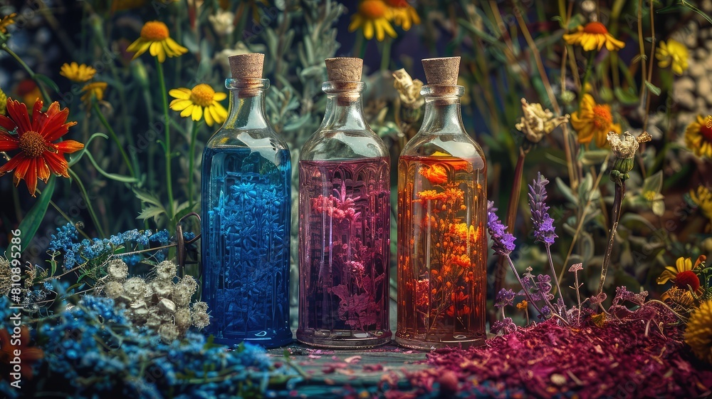 Bottles with herbal tinctures on a background of dried medicinal herbs. Selective focus. Bottles with herbal tinctures on a background of dried medicinal herbs. Selective focus.