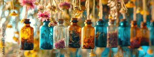 Bottles with herbal tinctures on a background of dried medicinal herbs. Selective focus. photo