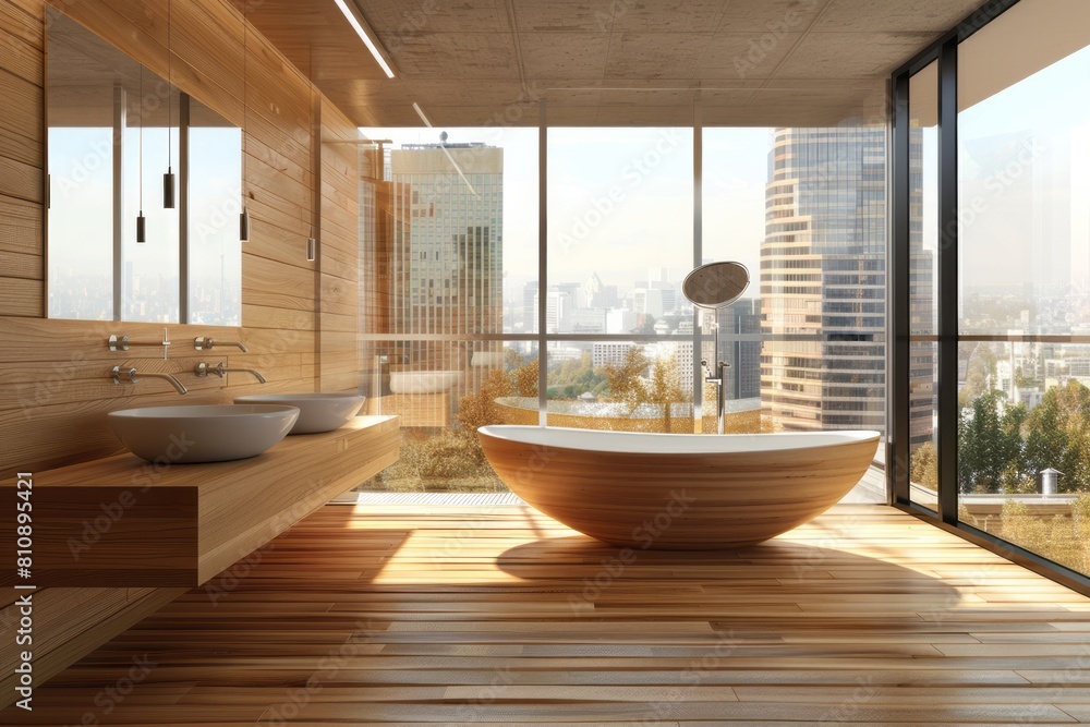 A modern bathroom with wooden walls, large windows overlooking the cityscape, and an elegant bathtub A modern bathroom with wooden walls, large windows overlooking the cityscape, and an elegant bathtub