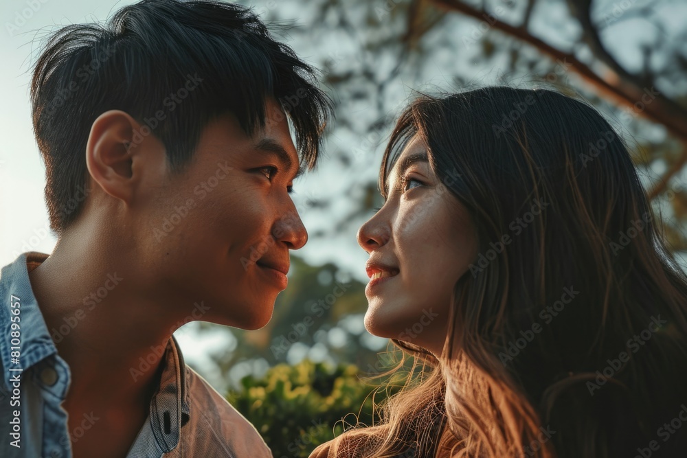 Fototapeta premium A couple smiling and enjoying a moment together outdoors Fictional Character Created By Generative AI. 
