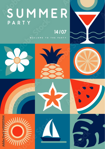 Retro flat summer disco party poster with summer attributes. Cocktail silhouette, tropic fruits and flowers, rainbow and ship. Vector illustration