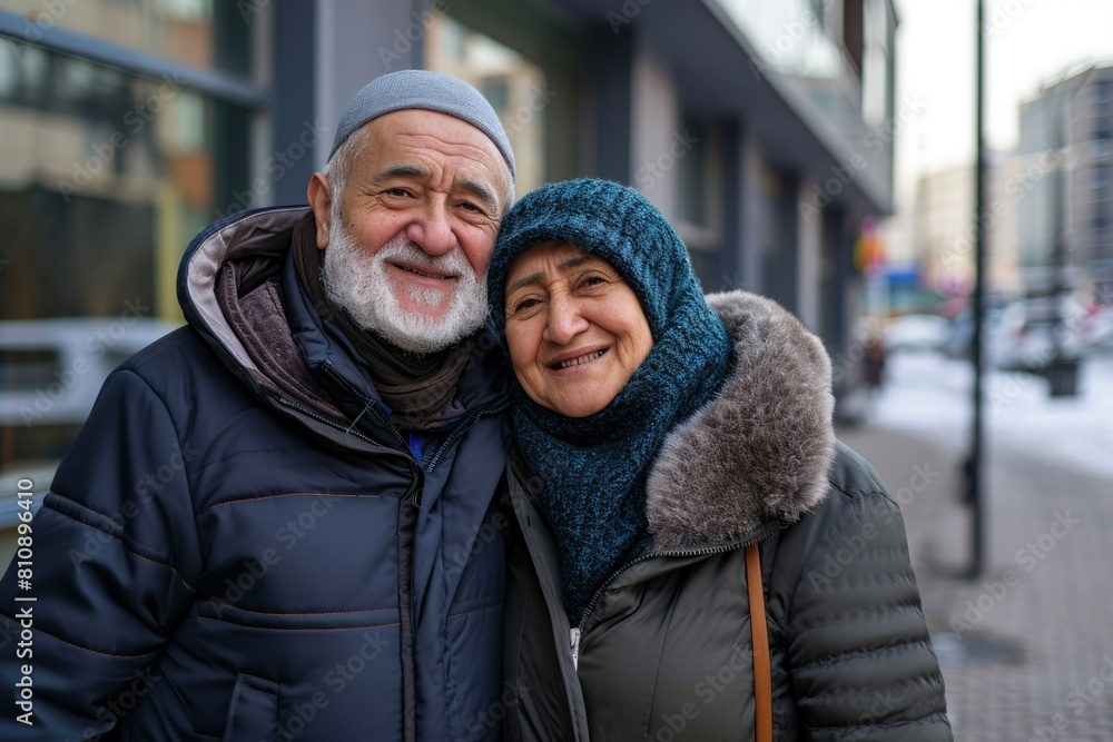 An elderly man and woman standing together in the city Fictional Character Created By Generative AI. An elderly man and woman standing together in the city Fictional Character Created By Generative AI.
