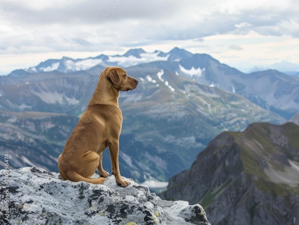 Dog overlooking serene mountain landscape.