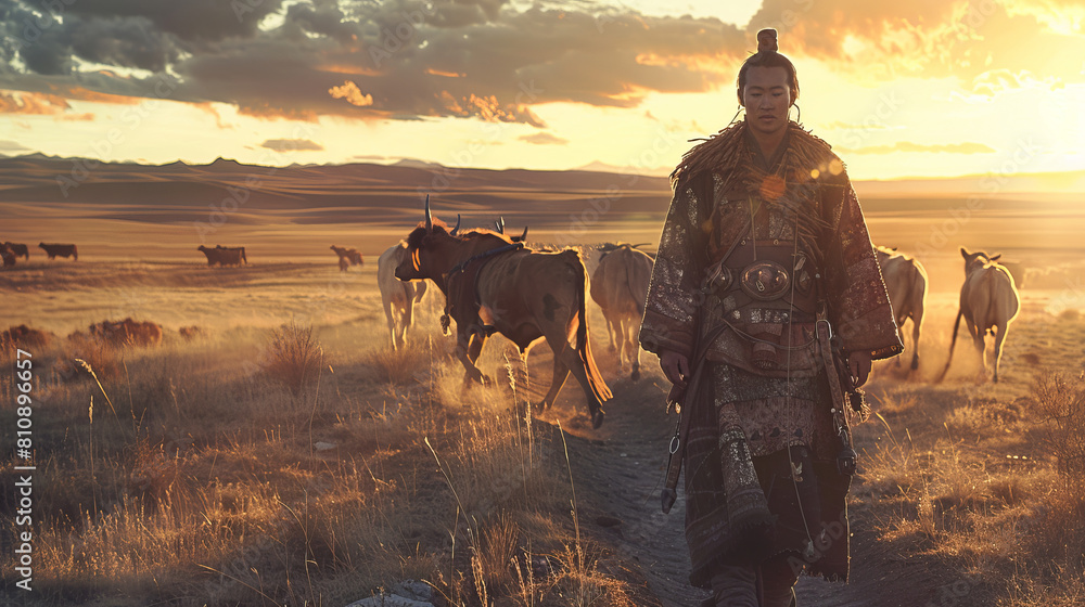 Among the steppe expanses, a Mongolian shepherd in traditional clothes ...