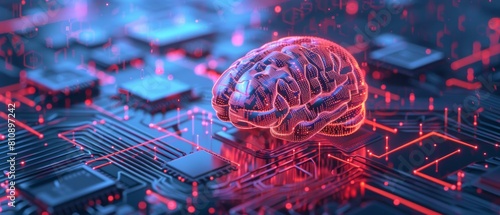 An advanced high-tech visualization of 3D rendering of a circuit board CPU processor microchip that initiates artificial intelligence digitalization of neural networks. A digital line connects into a