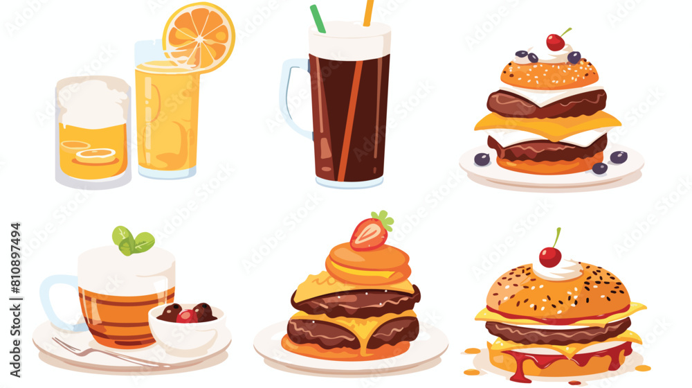 Food vector icons set. Homemade american pancakes ora
