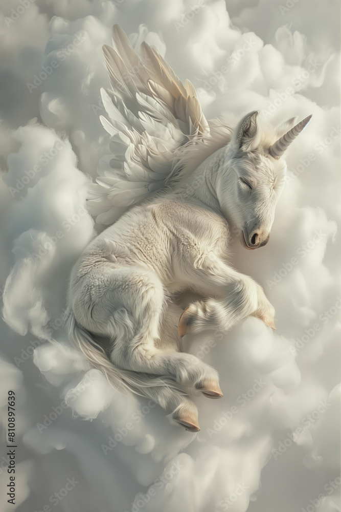  baby Pegasus with white feather wings sleeping on white fur cloud in the sky