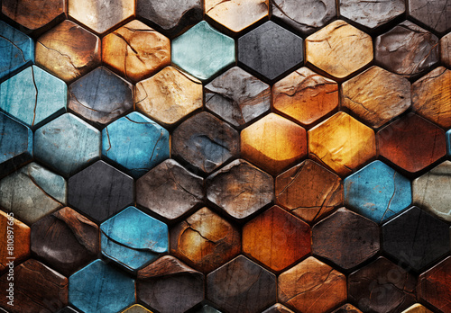 Fondo abstracto colorido con patrón hexagonal.
Primer plano de un patrón geométrico con hexágonos coloridos creando un fondo abstracto. photo