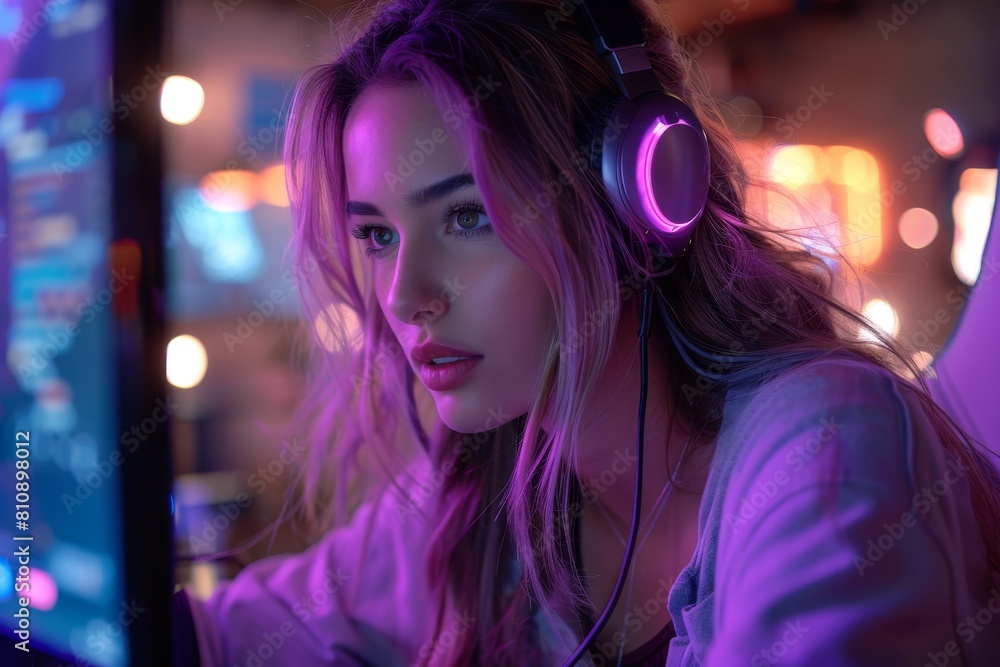 Close-up of a young woman gaming, illuminated by violet lights in a room full of equipment Close-up of a young woman gaming, illuminated by violet lights in a room full of equipment