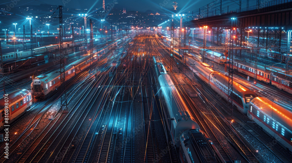Obraz premium Night falls over a bustling railway station, with trains in motion illuminated by vibrant light trails, creating a dynamic and futuristic cityscape.