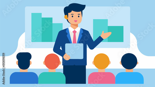 A Confident young speaker gives a presentation vector illustration 