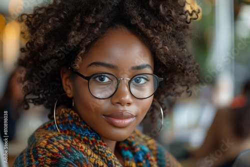 Close-up portrait of a woman with curly hair and glasses, looking thoughtful in a cafe © Larisa AI