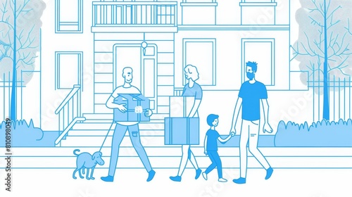 The family is moving into a new house. The mother, the father, and the children fill up boxes and carry things to their new home. A line art flat modern illustration shows the characters buying a new