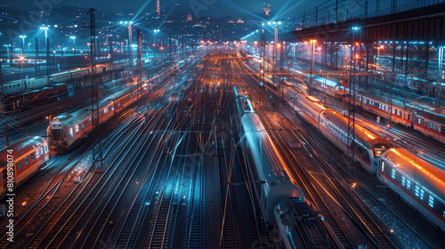 Night falls over a bustling railway station, with trains in motion illuminated by vibrant light trails, creating a dynamic and futuristic cityscape. 