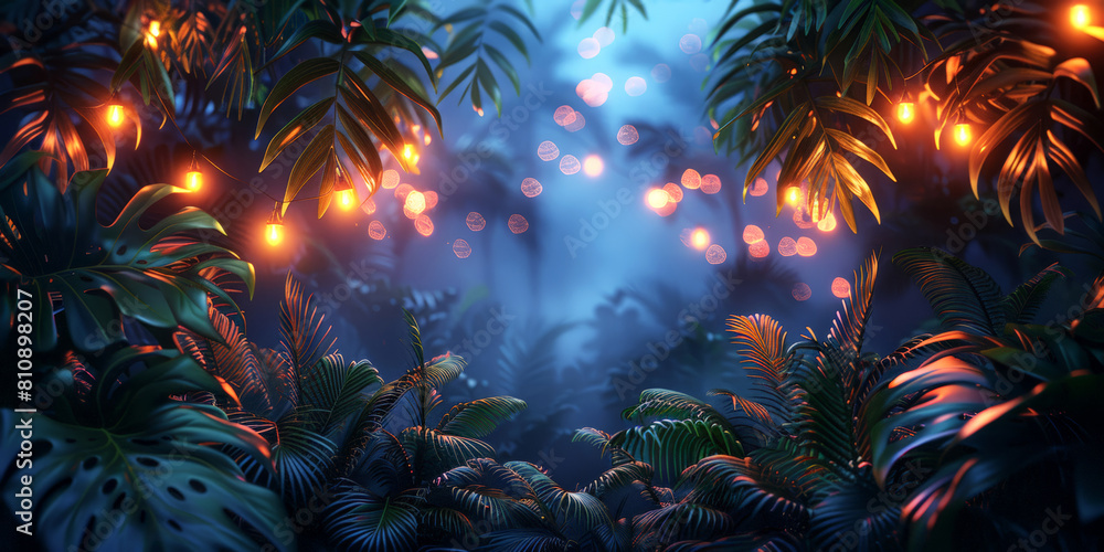 Enchanting tropical jungle at night illuminated by soft glowing lights, perfect for adventure and travel themes.
