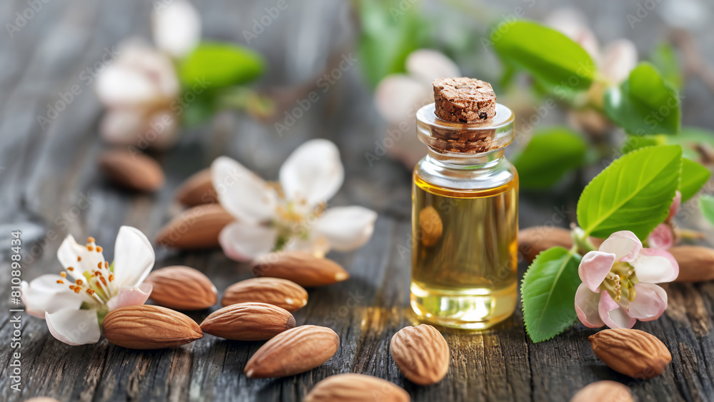 Close-up of a small bottle of almond oil with almonds, flowers and green leaves on an aged wooden surface. Concept of a skincare and culinary applications, cosmetic products natural ingredient Close-up of a small bottle of almond oil with almonds, flowers and green leaves on an aged wooden surface. Concept of a skincare and culinary applications, cosmetic products natural ingredient