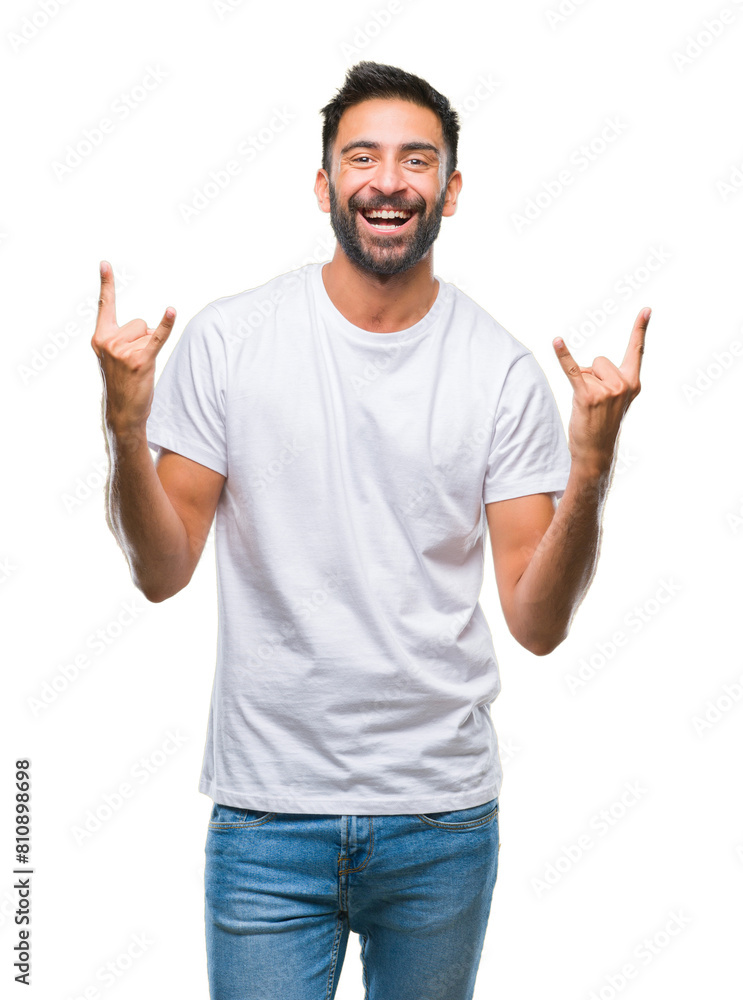 Adult hispanic man over isolated background shouting with crazy expression doing rock symbol with hands up. Music star. Heavy concept. Adult hispanic man over isolated background shouting with crazy expression doing rock symbol with hands up. Music star. Heavy concept.