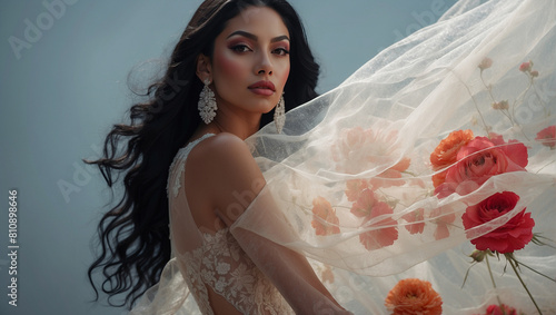 Latin American woman, long black hair, glamorous flower dress, fashion show style. generative AI