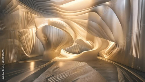 3D abstract art installation in a modern gallery with dynamic lighting photo