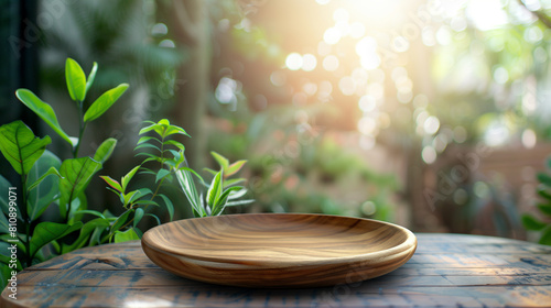 A wooden bowl with a leafy green plant on top of it. The scene is set in a garden or a park  with the sun shining brightly on the plants