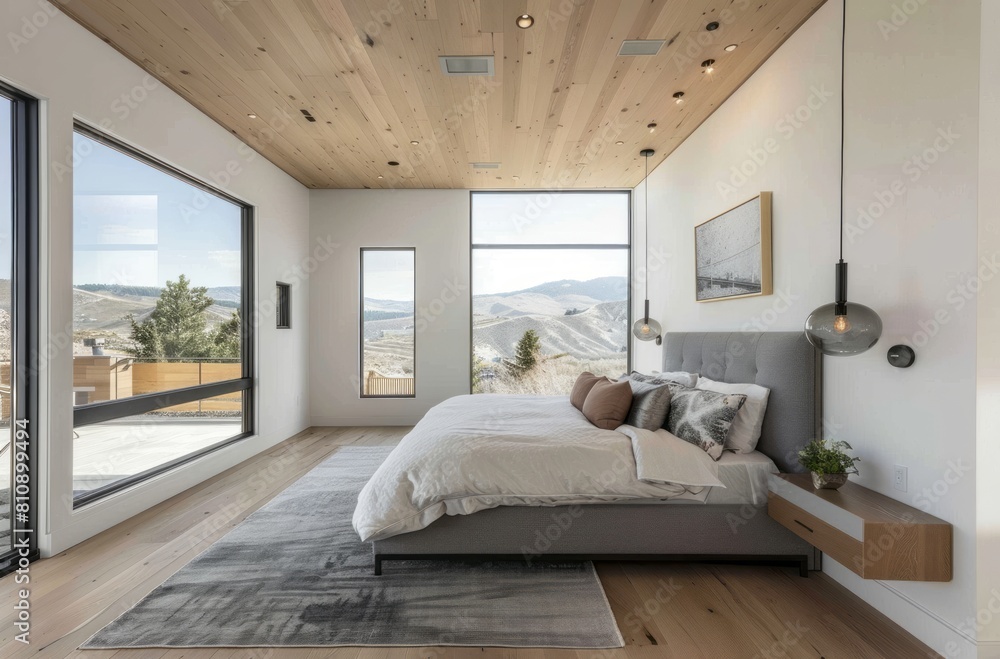 A modern bedroom with white walls, light wood floor and large windows overlooking the valley