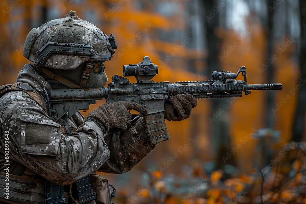 A military sharpshooter in camouflage gear holding a rifle with precision optics in a woodland setting during fall A military sharpshooter in camouflage gear holding a rifle with precision optics in a woodland setting during fall
