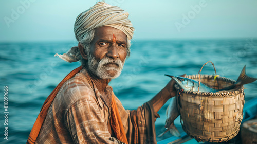 An Indian fisherman in traditional clothes, with a catch in his hands, reflects the ancient traditions and hard work of his people on a hot summer day on the ocean.