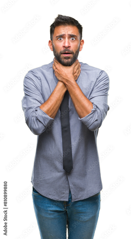 Adult hispanic business man over isolated background shouting and suffocate because painful strangle. Health problem. Asphyxiate and suicide concept. Adult hispanic business man over isolated background shouting and suffocate because painful strangle. Health problem. Asphyxiate and suicide concept.