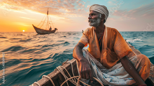 An Indian fisherman with a catch, bravely overcoming the heat of the ocean in summer, looks majestic in his traditional clothes.
