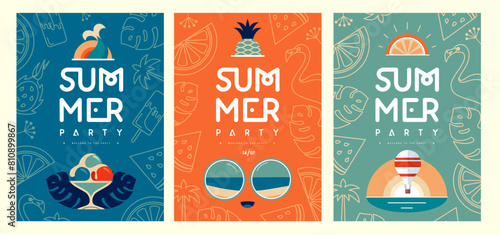 Set of retro flat summer disco party posters with summer attributes. Vector illustration