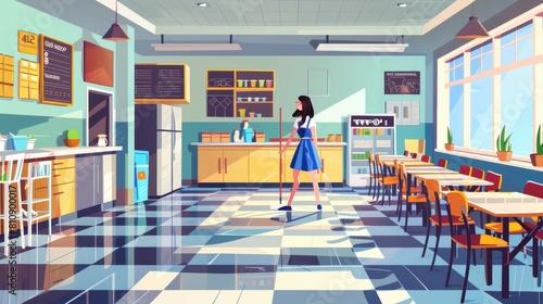 The janitor is cleaning the dirty school canteen after lunch. The cafeteria interior includes counters, tables, chairs, a fridge, and a cleaner mops the floor, modern style modern illustration. photo