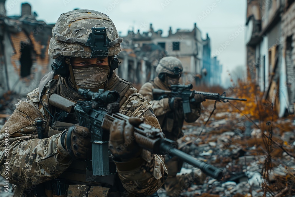 Fototapeta premium Close-up of focused soldiers aiming their rifles in a devastated urban landscape, highlighting war's impact