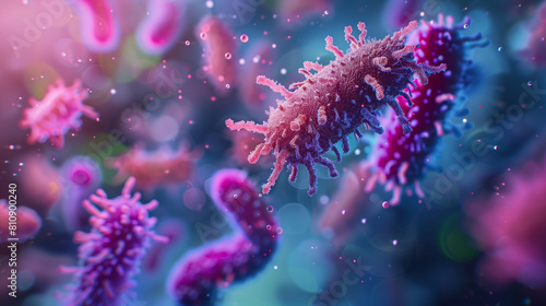 Microphotography 3d rendering of virus cells or germs microorganism cells, realistic super macro photo concept art, abstract background.