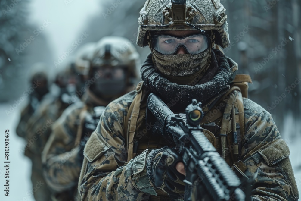 A chilling scene of a vigilant soldier patrolling a snow-covered landscape, emphasizing the harsh conditions of military operations A chilling scene of a vigilant soldier patrolling a snow-covered landscape, emphasizing the harsh conditions of military operations