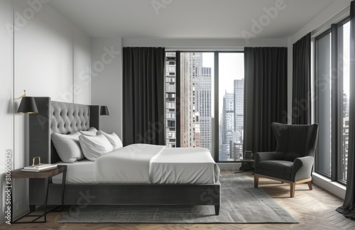 A modern bedroom with white walls, parquet floor and large windows overlooking the city © Chand Abdurrafy