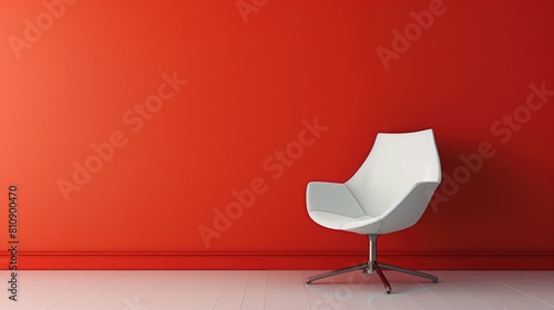 A white modern chair in front of a red wall.