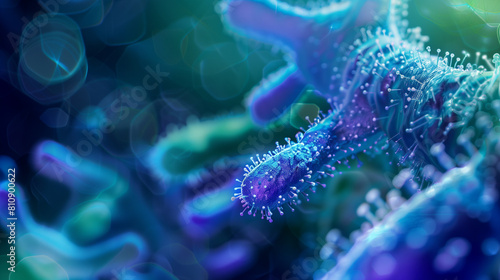 Microphotography 3d rendering of virus cells or germs microorganism cells, realistic super macro photo concept art, abstract background.