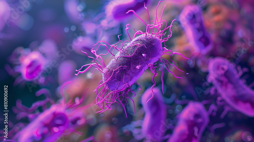 Microphotography 3d rendering of virus cells or germs microorganism cells, realistic super macro photo concept art, abstract background.