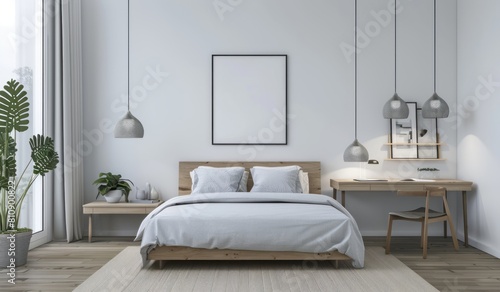 A modern bedroom with white walls, wooden floors and a large bed in the center © Chand Abdurrafy