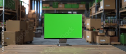 Computer monitor sitting on a table with chromakey mockup display behind it. Small business warehouse in the background. Desk with cardboard boxes on it.