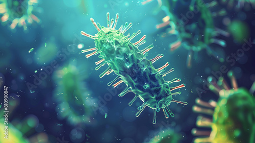 Microphotography 3d rendering of virus cells or germs microorganism cells, realistic super macro photo concept art, abstract background.