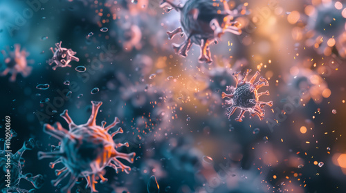 Microphotography 3d rendering of virus cells or germs microorganism cells, realistic super macro photo concept art, abstract background.