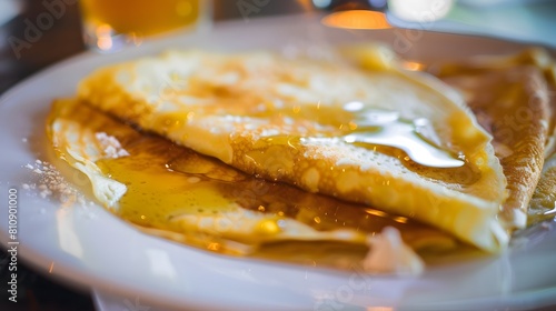 Crêpes Suzette, thin pancakes flambeed in a sauce of butter, sugar, orange juice, and Grand Marnier photo