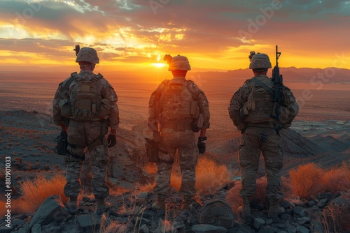 Three soldiers stand in solidarity against a backdrop of a breathtaking desert sunset and mountainous landscape © Larisa AI
