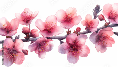 Watercolor Cherry Blossom Branch Background on White: Elegant Illustration of Blossoming Cherry Blossom Branches, Capturing the Serenity and Grace of Springtime © KristinArt