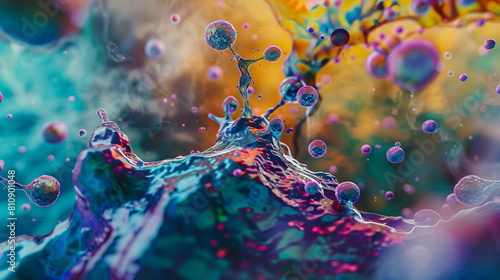 Microphotography 3d rendering of virus cells or germs microorganism cells, realistic super macro photo concept art, abstract background.