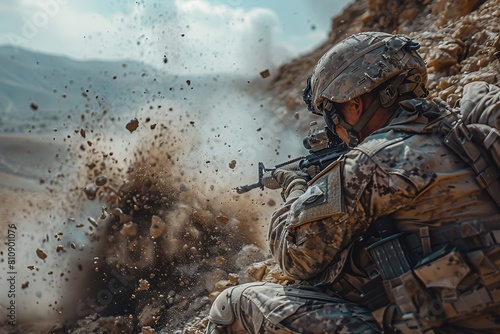 A soldier in protective combat gear seeks cover while aiming his rifle, amidst flying debris and dust photo