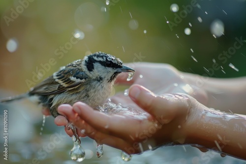 little bird drinking water from child's hands