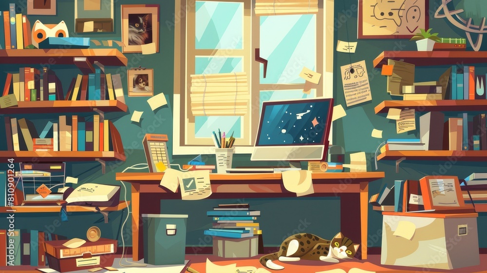 Young teenager's workstation at home. Contemporary modern illustration showing a messy computer desk, dirty cups and papers on the desk, books on the shelf, pictures on the wall, and a cat sleepin' Young teenager's workstation at home. Contemporary modern illustration showing a messy computer desk, dirty cups and papers on the desk, books on the shelf, pictures on the wall, and a cat sleepin'